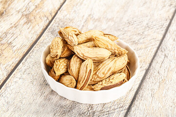 Shelled dry almond nut heap