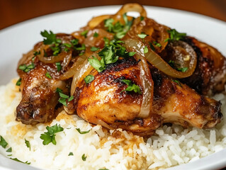 Grilled chicken drumsticks with caramelized onions on steamed rice