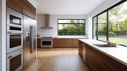 Modern Kitchen Design Stainless Steel Appliances Brown Cabinets Natural Light