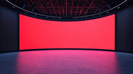 A large, curved screen displays a vibrant red color in a modern, empty space with a sleek floor and ceiling.