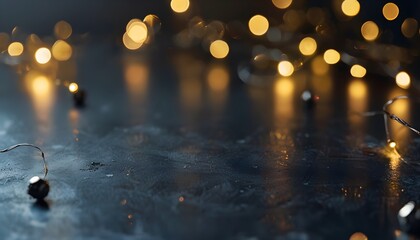 Dark Reflective Surface with Blurred Reflections of Golden Fairy Lights and Metallic Ornaments