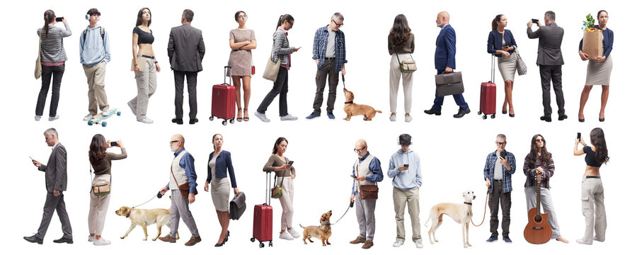 Group of different people standing on white background