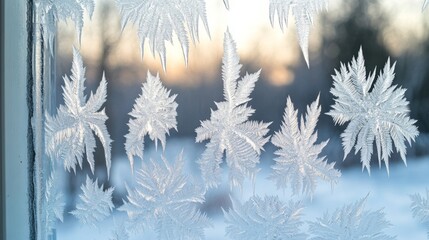 Obraz premium Captivating Icy Rain Patterns on a Window at Sunrise, Showcasing the Beauty of Freezing Weather and Nature’s Artistry in Wintertime Scenery