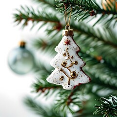 Realistic photo: Christmas decorations and arrangements, Christmas tree branches with toys, isolated on white and black background. 
