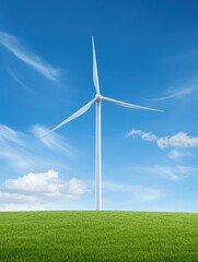 Obraz premium Wind turbine on a hill against a blue sky with clouds, symbolizing renewable energy and sustainability in a natural landscape.