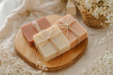 Handmade soap bars in warm tones tied with twine on rustic wooden board