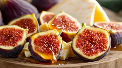 Juicy Fresh Figs Cut in Half and Drizzled with Honey Arranged Elegantly on a Wooden Board Alongside Cheese for a Delightful Gourmet Presentation