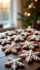 Decorated gingerbread snowflake cookies on a wooden table with a festive background for holiday celebrations