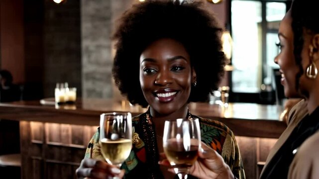 afro fashion stylish black woman toasting with her friend in cocktail bar at night