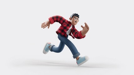 A 3D animated character in a red plaid shirt and blue jeans is running energetically.