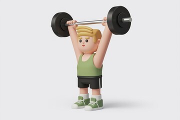 Obraz premium A 3D cartoon boy performs a barbell overhead press exercise.