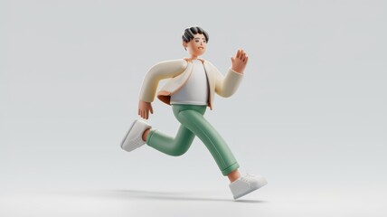 A 3D cartoon man is running  wearing a beige jacket and green pants.