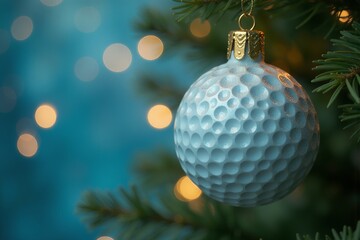 Close up of a golf ball hanging from a christmas tree