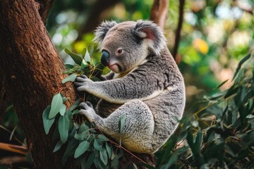 Obraz premium Koala Bear Feeding on Eucalyptus A Captivating Wildlife Moment