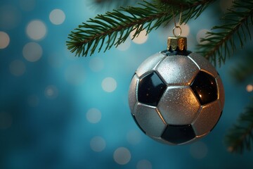 Close up of a soccer ball bauble hanging from a christmas tree, with a soft bule background