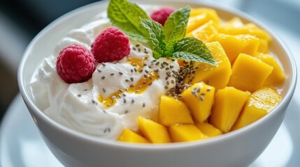 Delicious Mango Raspberry Yogurt Parfait with Chia Seeds and Mint