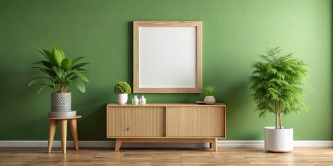 Wooden Cabinet with Green Wall and Plants, Mockup, Interior Design, Scandinavian, Minimalist