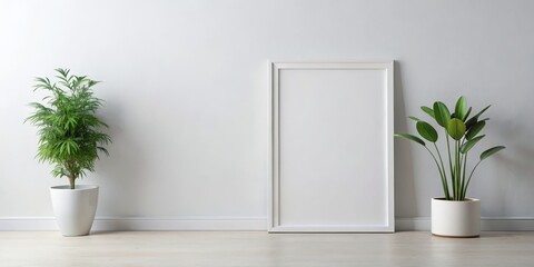 White Wall with Blank Frame and Plants, minimalism, interior design
