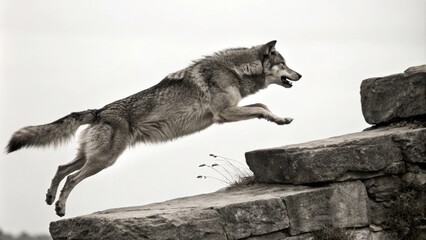 With a powerful bound a Therian resembling a wolf launches from a stone ledge tail streaming behind like a comet.