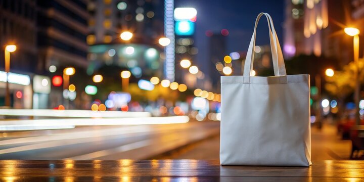 White Tote Bag Mockup on Wooden Table at Night, city lights, night , mockup