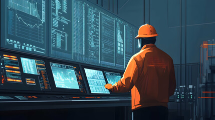 Worker monitoring data in a control room with space for custom text on the display. high quality image