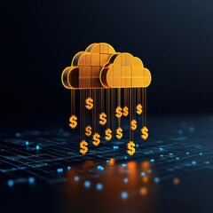 Cloud service storage concept.A digital illustration of a cloud with dollar signs raining down, symbolizing financial technology and cloud computing.