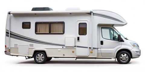 White Motorhome with Grey Stripes, Isolated on White Background, RV, travel, campervan