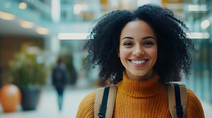 Young woman in a casual sweater and backpack, smiling warmly in a bright modern setting, exuding confidence and friendliness. high quality image