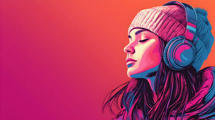 Young woman with headphones and beanie, embodying modern youth and music-centered life. high quality