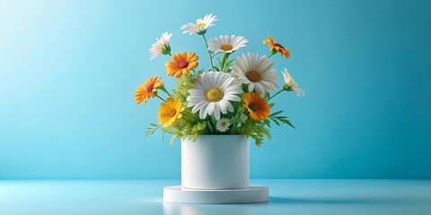White and Orange Daisies in a White Vase on a Blue Background, Minimalist Still Life, Photography, Flower arrangement, Floral