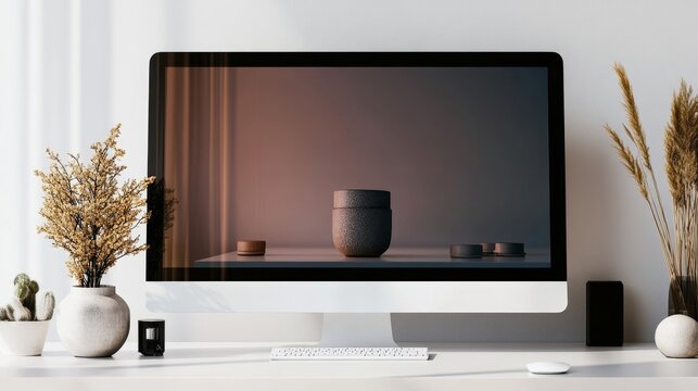 Modern Website Layout Featuring Parallax Scrolling Effect on a Desktop Computer Displaying a Minimalist Design and Decorative Elements in a Stylish Workspace