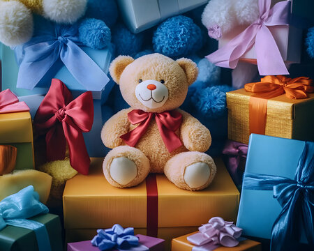 A collection of gift boxes with a plush teddy bear in the center, celebrating Safe Toys Month