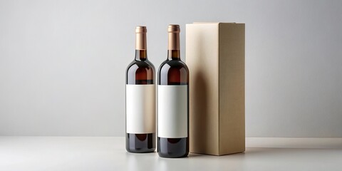 Two Wine Bottles with Blank Labels and a Wooden Box, Mockup, Branding , wine bottle