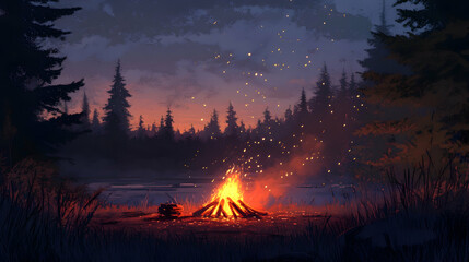A vibrant campfire burning in a dark forest at dusk, surrounded by rising sparks and a warm atmosphere. high quality image