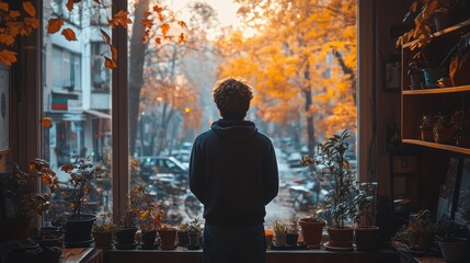 Fototapeta premium A person stands contemplatively in front of a large window, surrounded by various potted plants, looking out at a vibrant autumn cityscape
