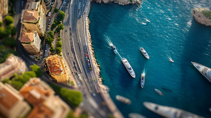 A vibrant harbor-side Formula 1 race with aerial views of cars speeding around Monaco's streets. high quality image