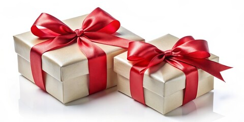 Obraz premium Two Golden Gift Boxes with Red Ribbon, Gift Boxes, Presents