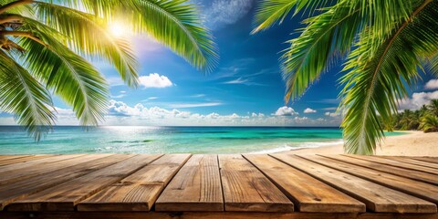 Tropical Beach View with Wooden Deck, Summer, Vacation, Beach, Ocean