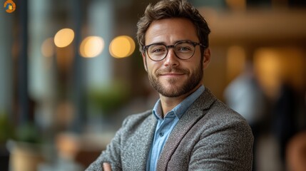 Fototapeta premium A confident young professional with a beard and glasses smiles warmly in a blurred office environment, showcasing a blend of style and success