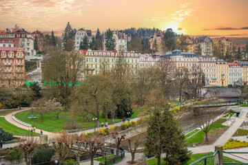 City landscape in winter. City landscape with historical buildings in an old town from the Baroque period. cityscape Karlovy Vary, Czechia