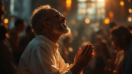 A praying figure in a dimly lit space, reflecting deep contemplation and spirituality amidst a crowd.