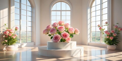 Sunlit Room with Pink Roses on White Pedestal, Minimalism ,Interior Design