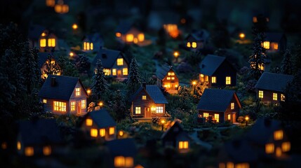 Fototapeta premium Nightfall Village Illuminated Houses Cozy Homes Scenic Town