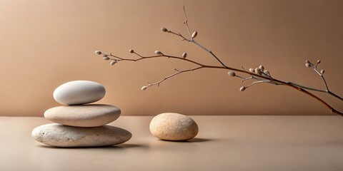 Stacked Stones and Branch with Buds, Zen , Minimalism