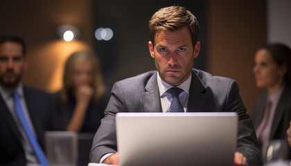 An executive intensely focuses on his laptop during a meeting while others whisper in the background, showcasing a serious business environment and teamwork dynamics.