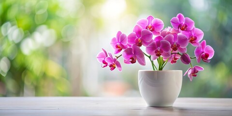 Pink Orchid Blooms in a White Pot with a Soft Bokeh Background, Orchids, Flowers, Potted Plant, Green, White