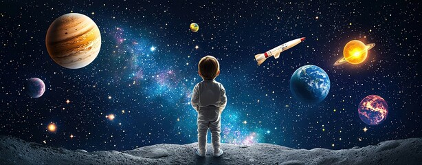 Fototapeta premium Child explorer gazing at the cosmos in wonder.