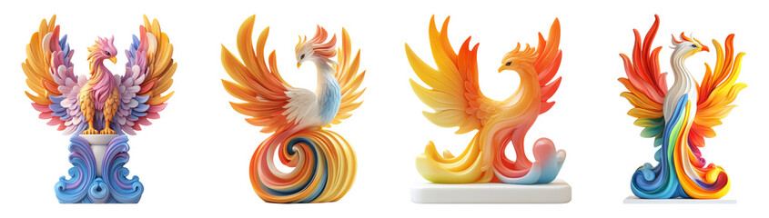 Colorful Phoenix Sculptures on Transparent Background