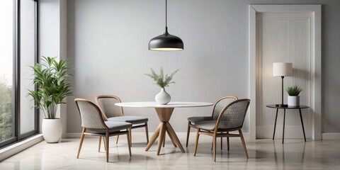 Fototapeta premium Modern Minimalist Dining Room Interior Design with Wooden Chairs, Round Table and Pendant Light, interior design, minimalist style