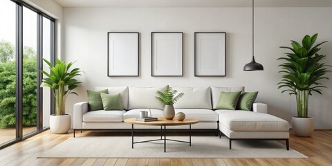 Naklejka premium Modern Living Room Interior with White Sectional Sofa, Three Framed Pictures, and Green Plants, Interior Design , Living Room